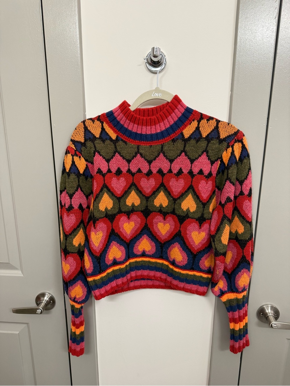 Multicolor Heart-Pattern Crewneck Sweater